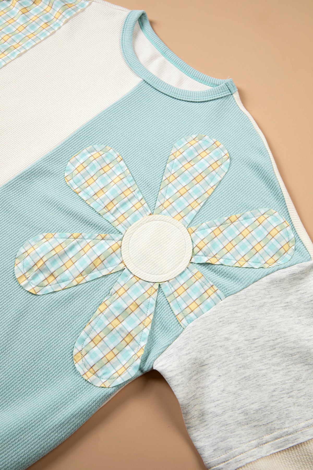 *Light Blue Plaid Patchwork Round Neck Long Sleeve Top
