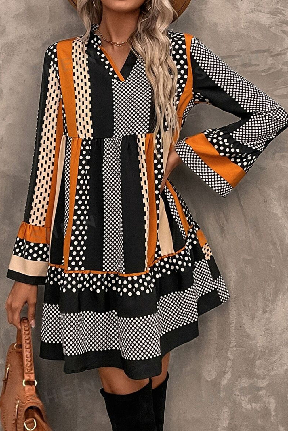 *Black Striped Polka Dot Print Ruffled Hem V Neck Mini Dress