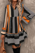 *Black Striped Polka Dot Print Ruffled Hem V Neck Mini Dress