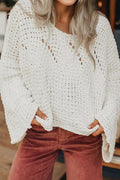 *White Hollowed Detail Wide Sleeve Loose Pullover Sweater