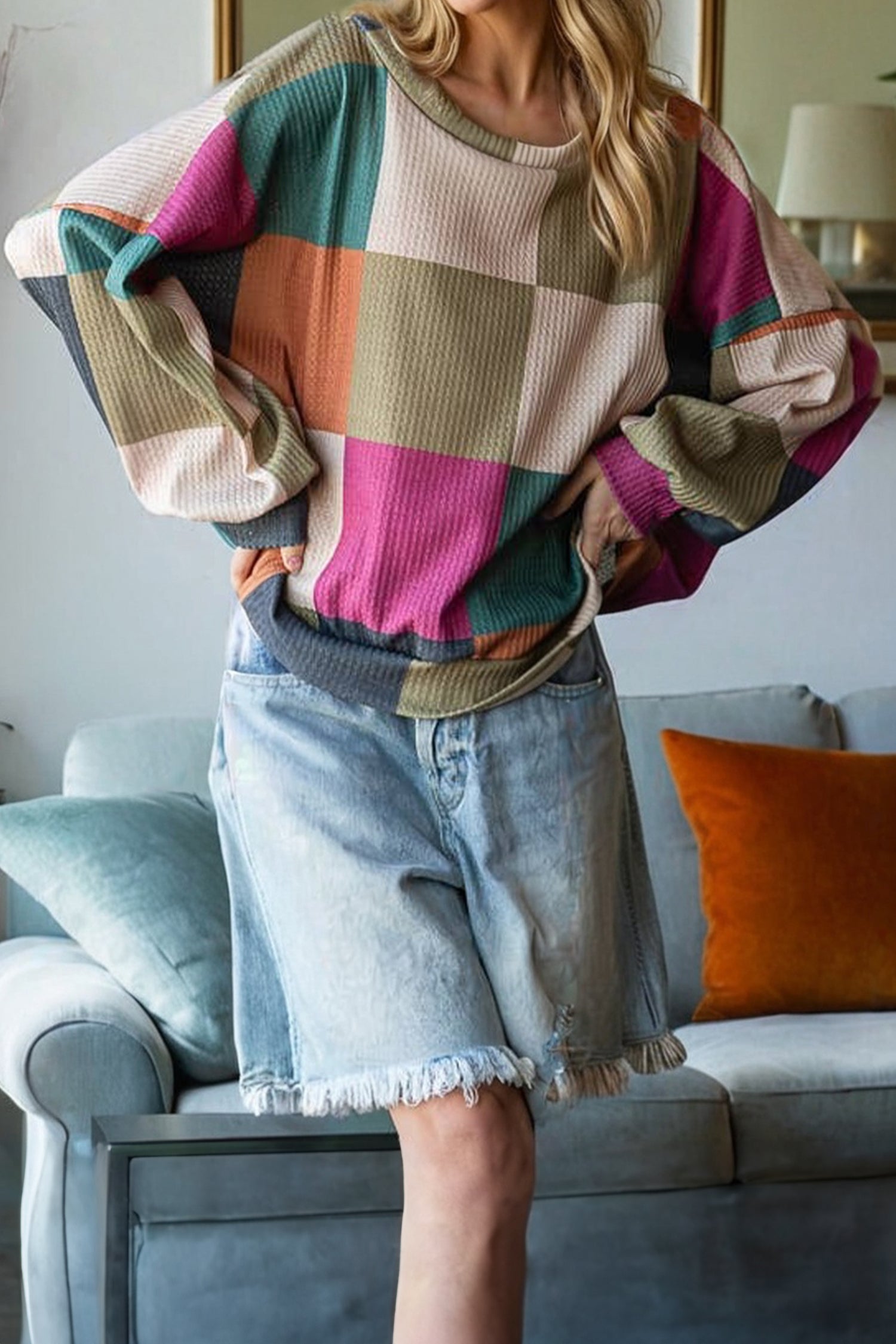 *Green Checkered Print Textured Knit Long Sleeve Loose Top