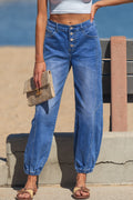 *Blue 4 Buttons Front Tapered Casual Loose Fit Jeans