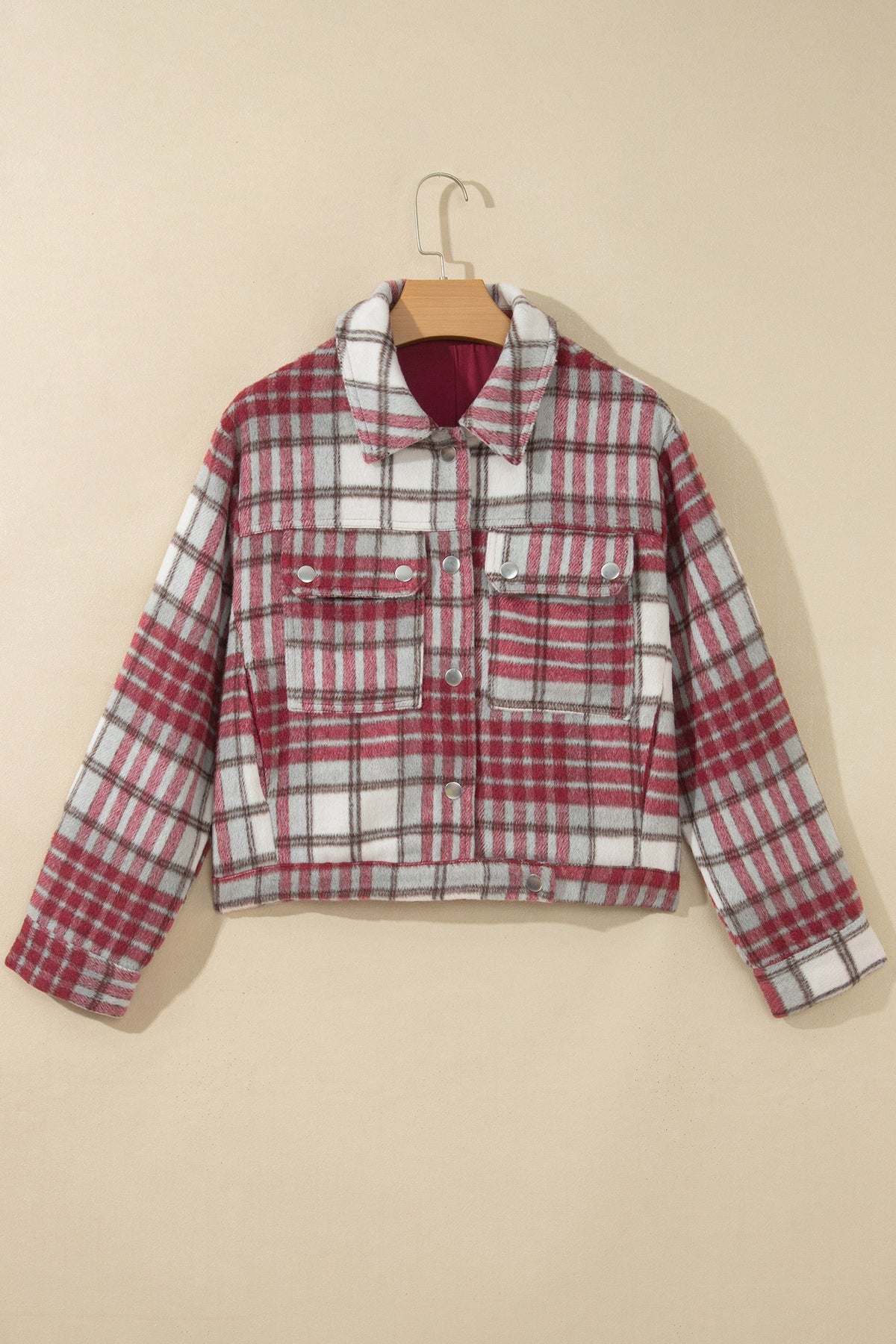*Red Plaid Flannel Metal Button Collar Long Sleeve Vintage Shift Jacket