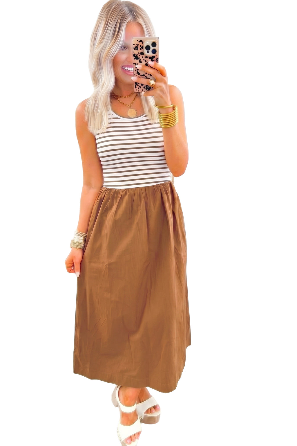 *Chestnut Striped Colorblock Patchwork Sleeveless Casual Long Dress