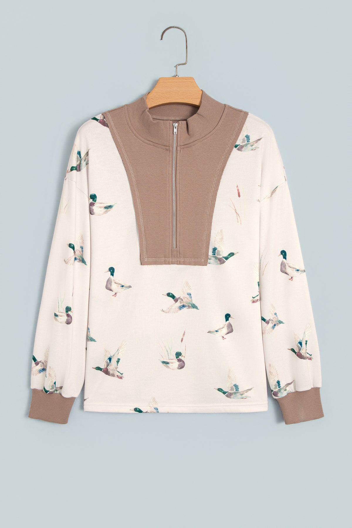 *Beige Wild Mallard Print Color Block Patchwork Zip Neck Tunic Top