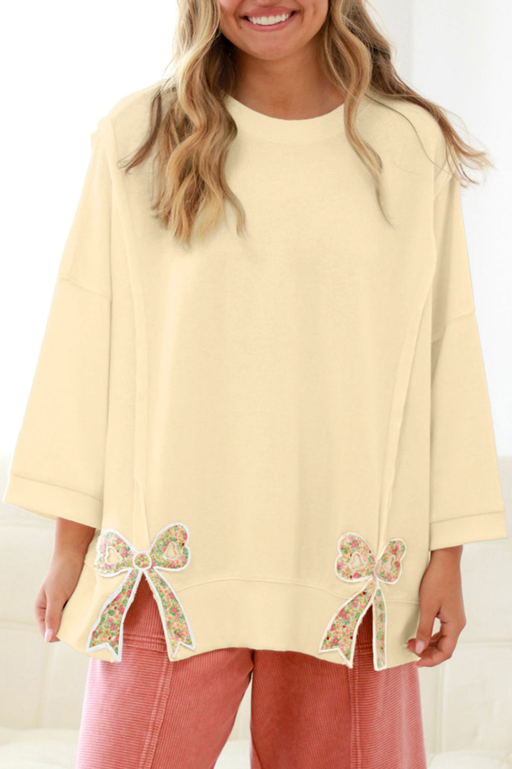 *Beige Plus Size Raw Seam Detail Floral Bow Patched Baggy Pullover