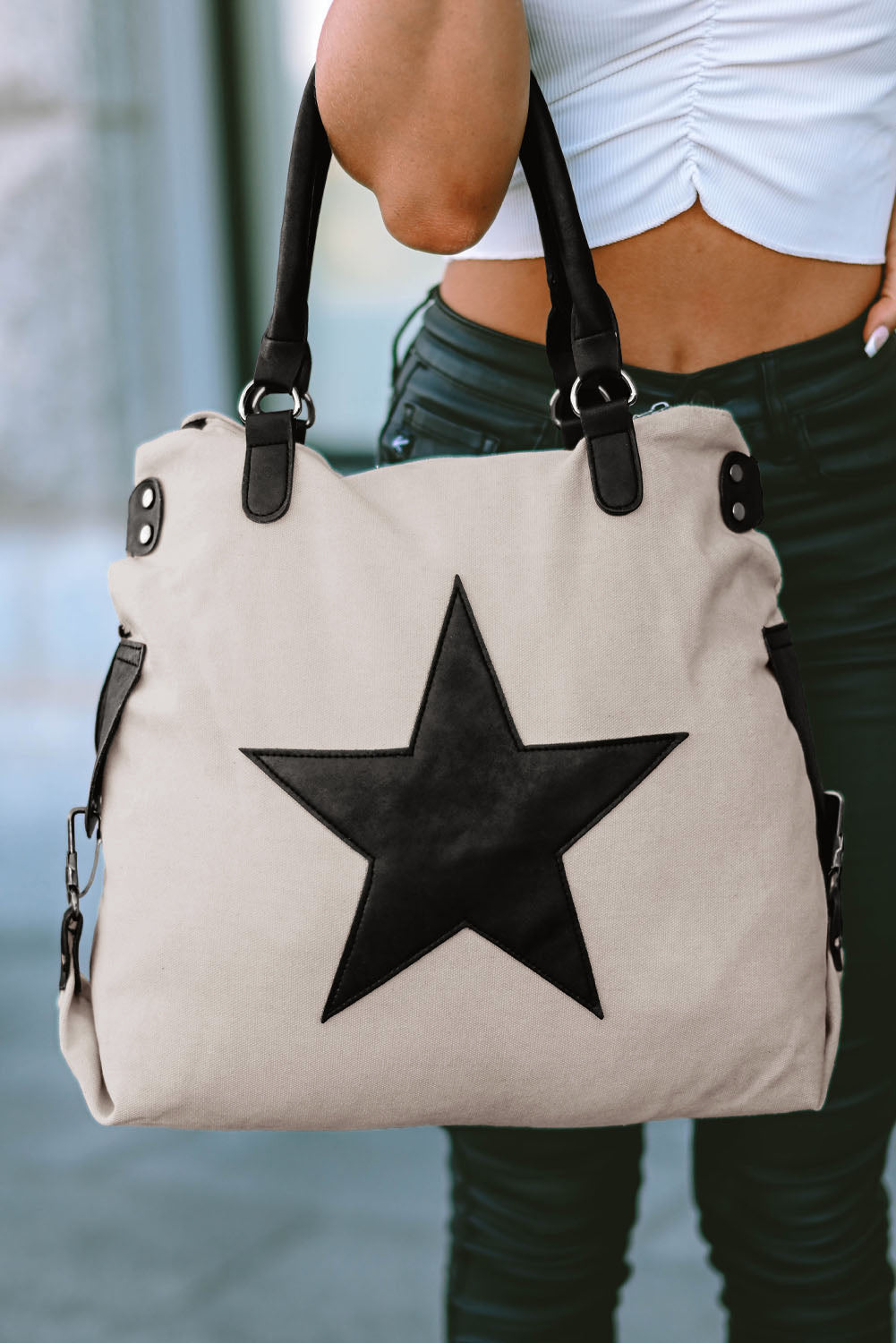*Beige Casual Five-pointed Star Canvas Tote Bag