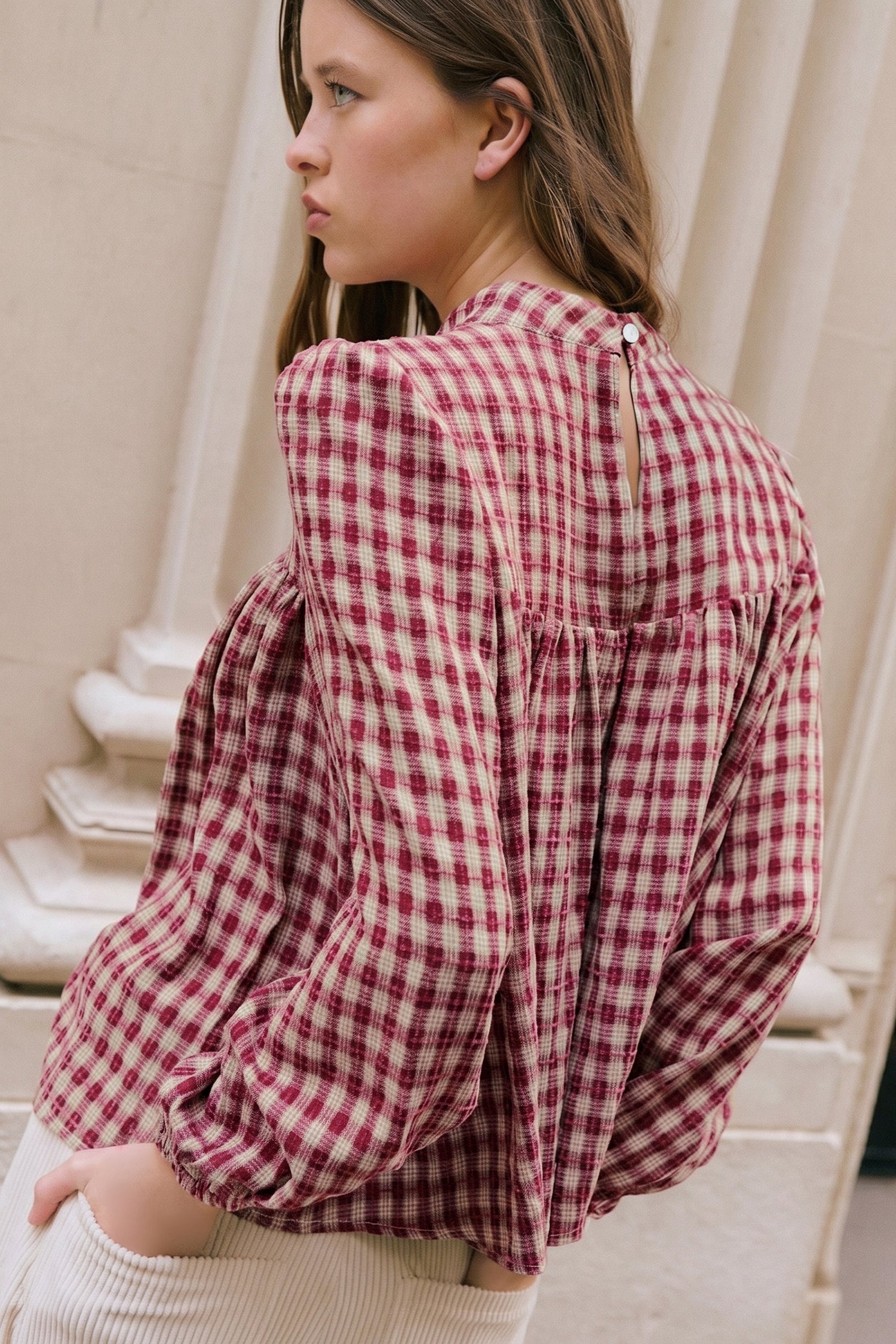 *Coral Country Plaid Long Sleeve Button Keyhole Pleated Loose Blouse