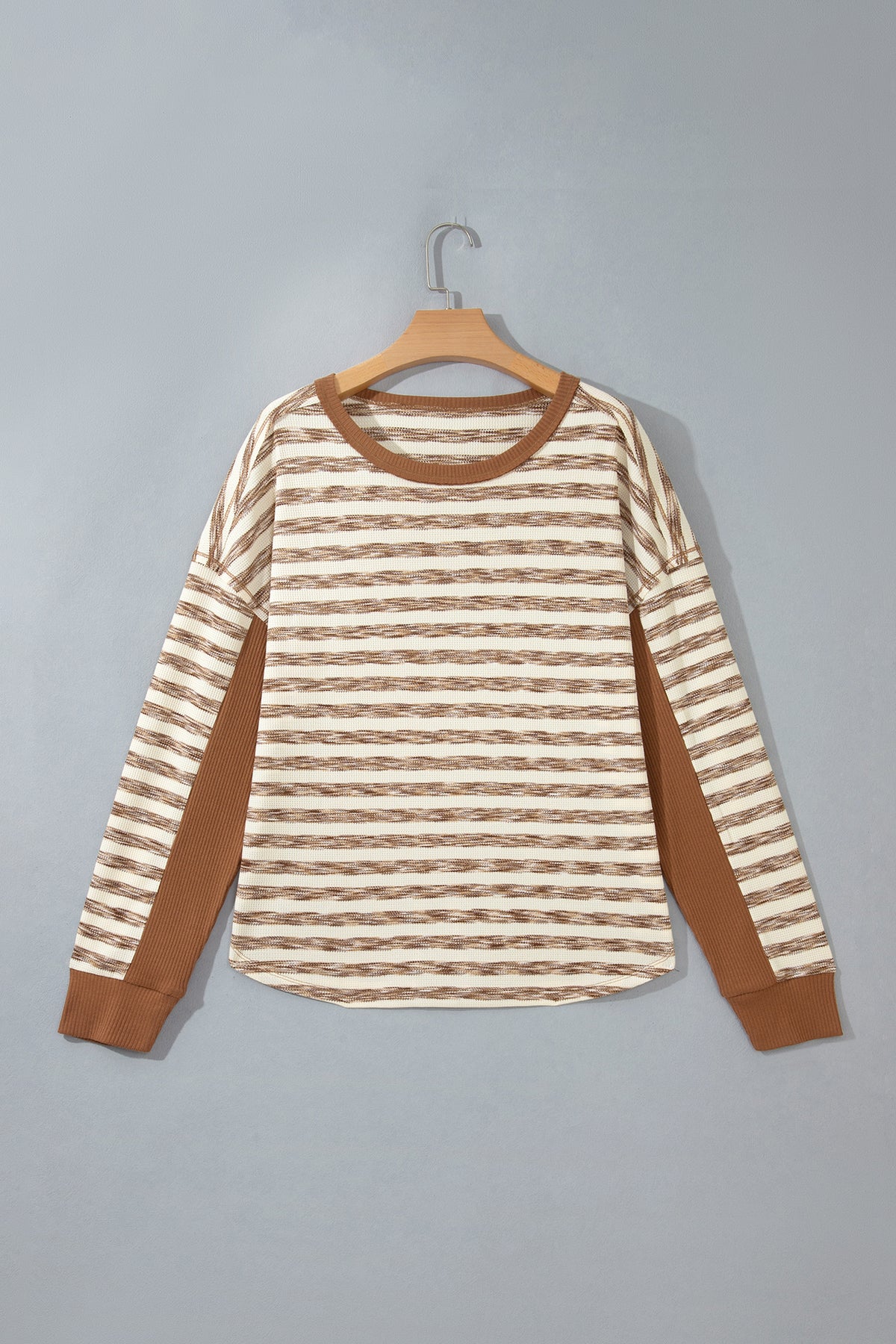 *Brown Stripe Textured Knit Color Block Trim Long Sleeve Round Neck Top