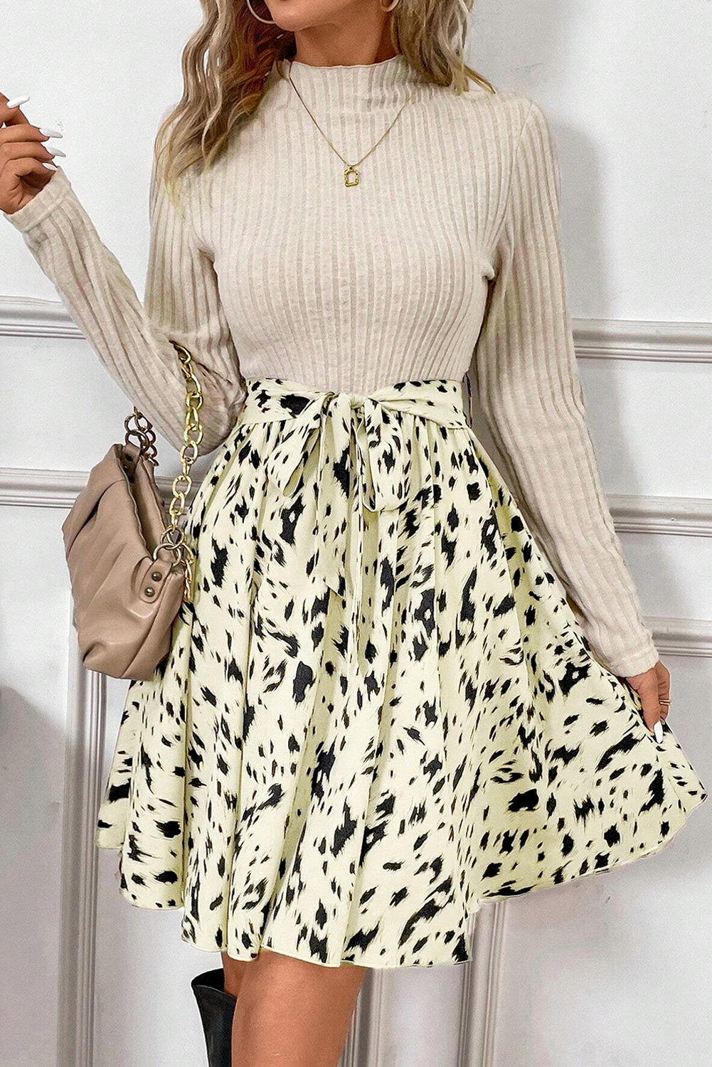 *Black Ribbed Knit Patchwork Printed Belted A-line Dress
