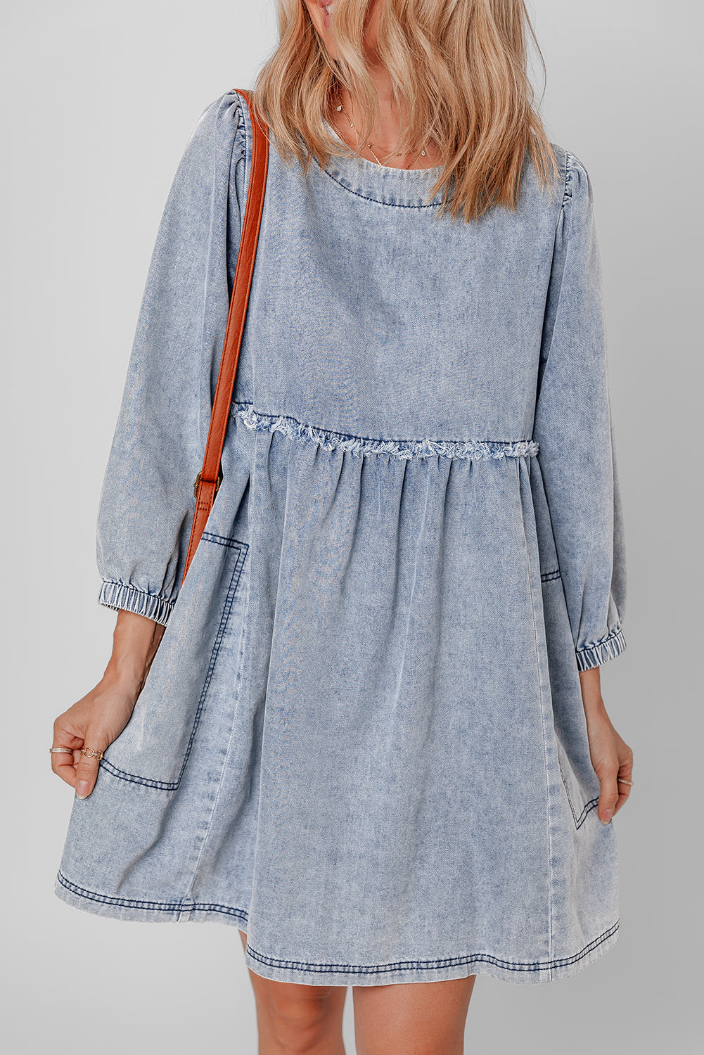 *Beau Blue Light Wash High Waist Loose Fit Denim Mini Dress