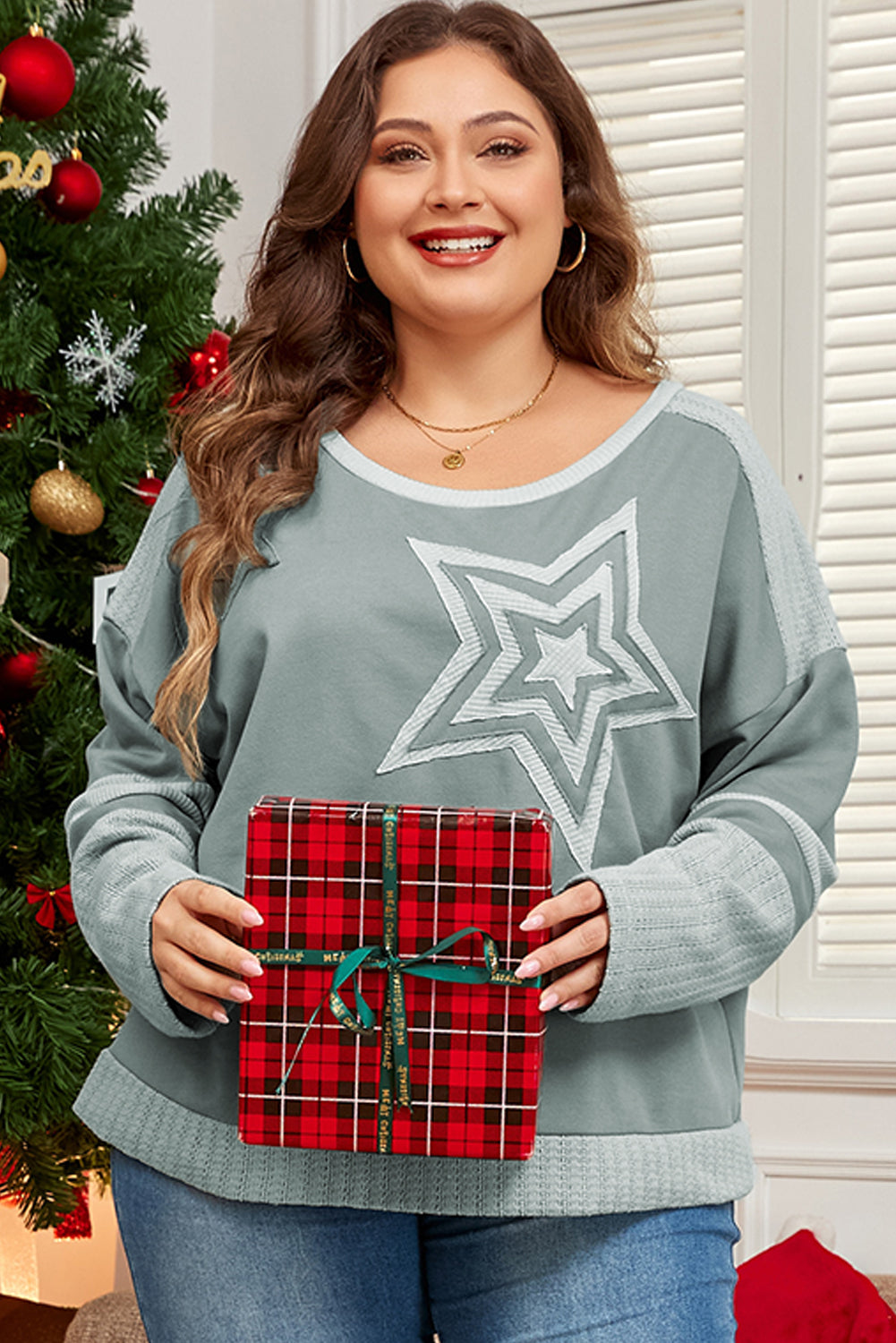 *Mist Green Stars Patchwork Round Neck Plus Size T Shirt