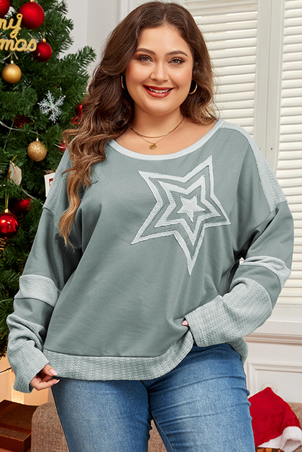 *Mist Green Stars Patchwork Round Neck Plus Size T Shirt