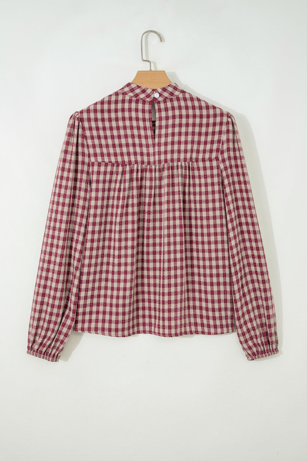 *Coral Country Plaid Long Sleeve Button Keyhole Pleated Loose Blouse