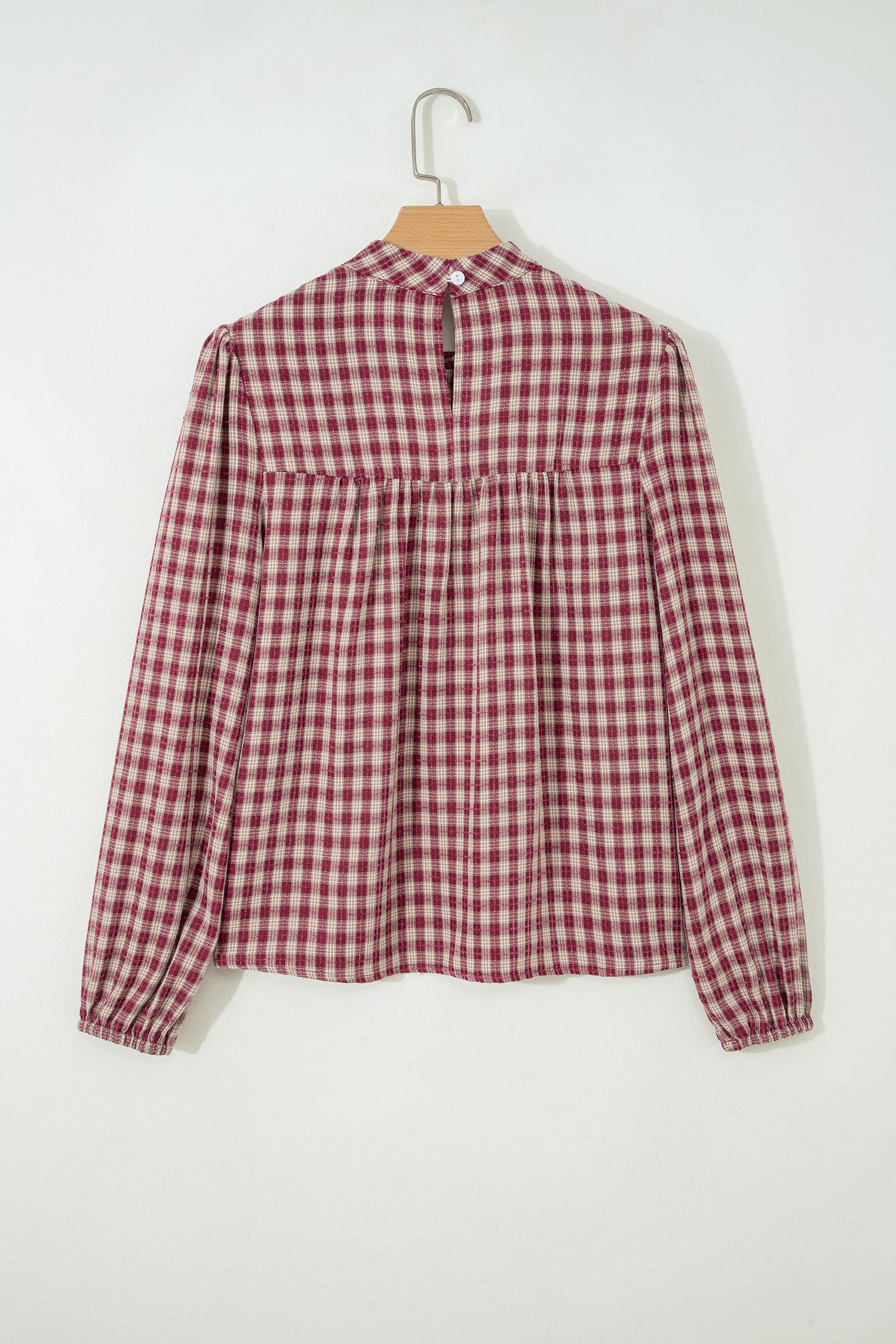 *Coral Country Plaid Long Sleeve Button Keyhole Pleated Loose Blouse