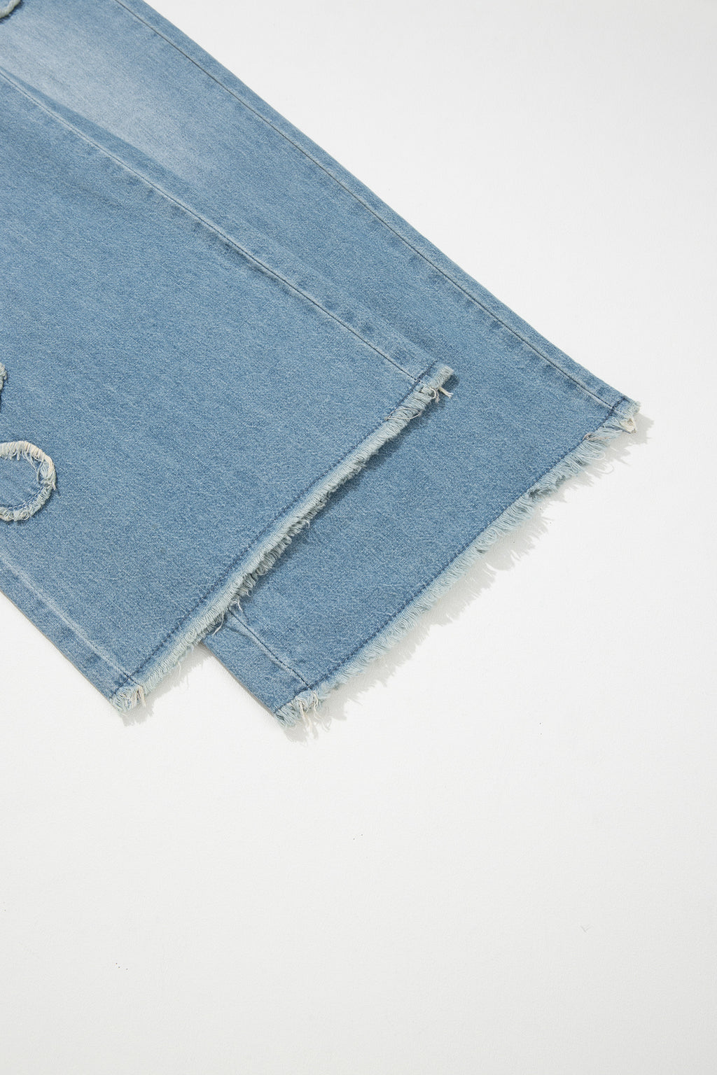 *Beau Blue Frayed Floral Patch Wide Leg Raw Hem Wide Leg Jeans