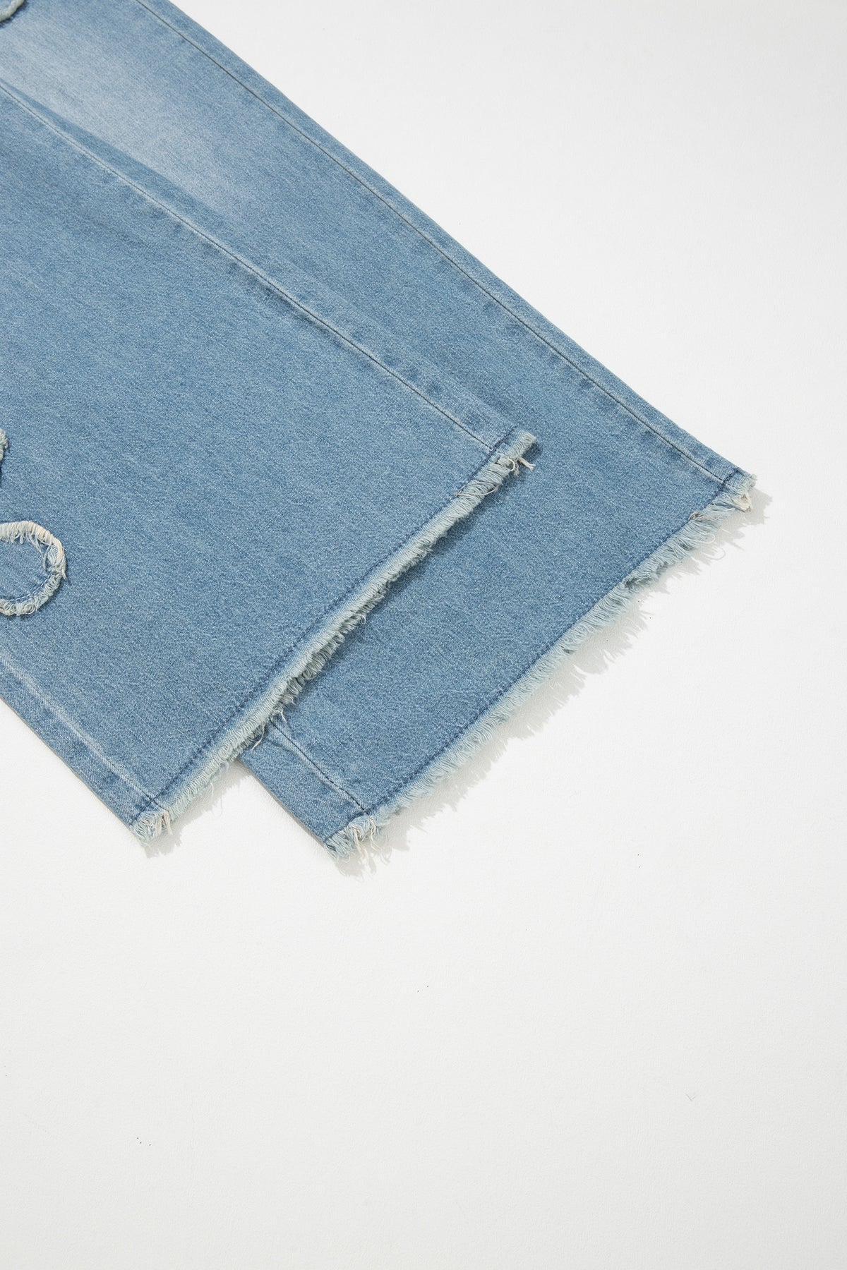 *Beau Blue Frayed Floral Patch Wide Leg Raw Hem Wide Leg Jeans