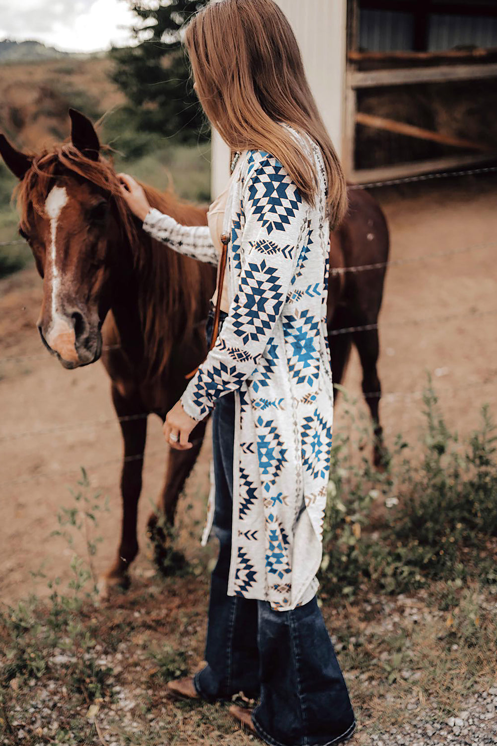 *Brown Western Aztec Printed Open Front Long Cardigan