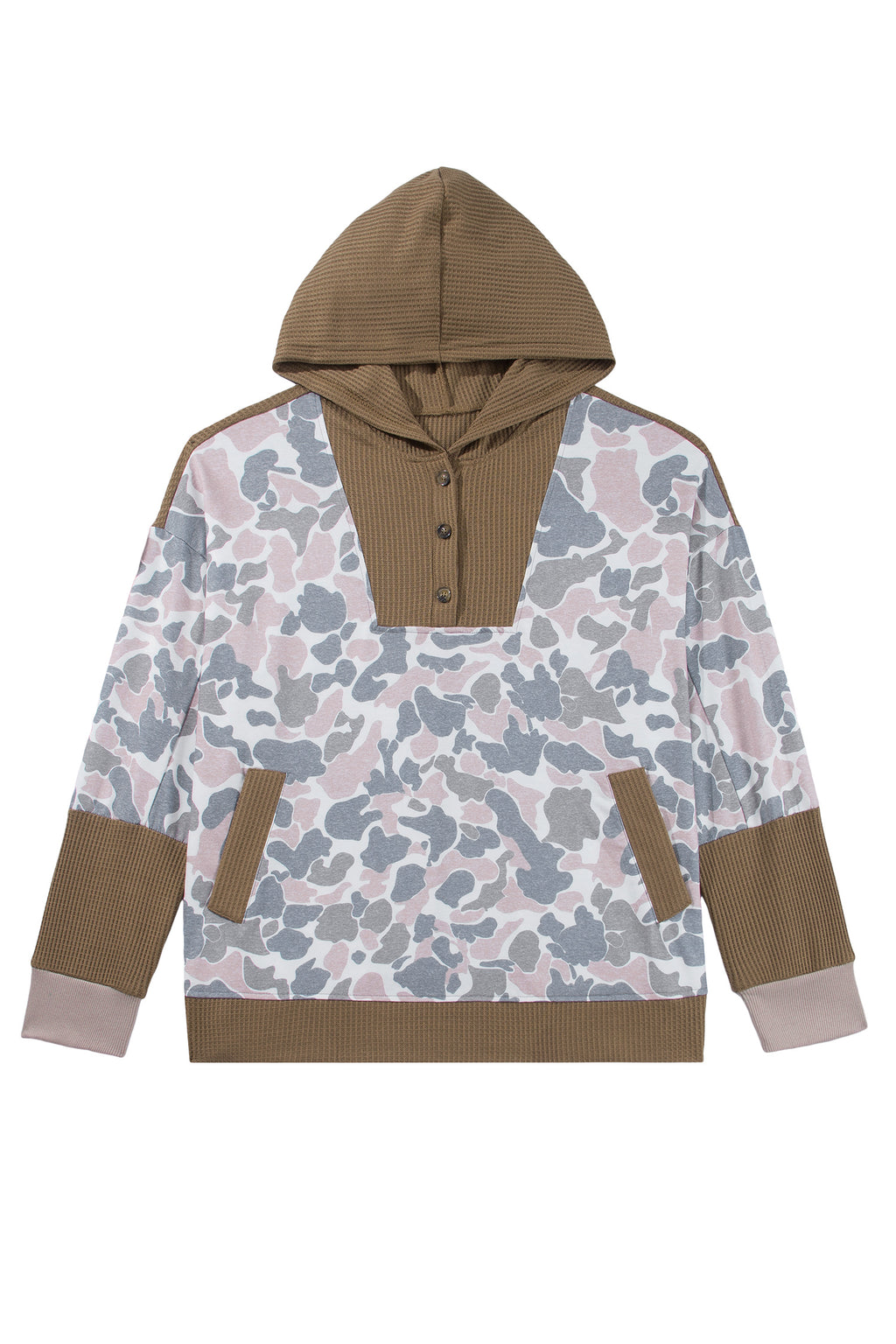 *Khaki Camouflage Print Waffle Knit Patchwork Half Zip Plus Size Hoodie