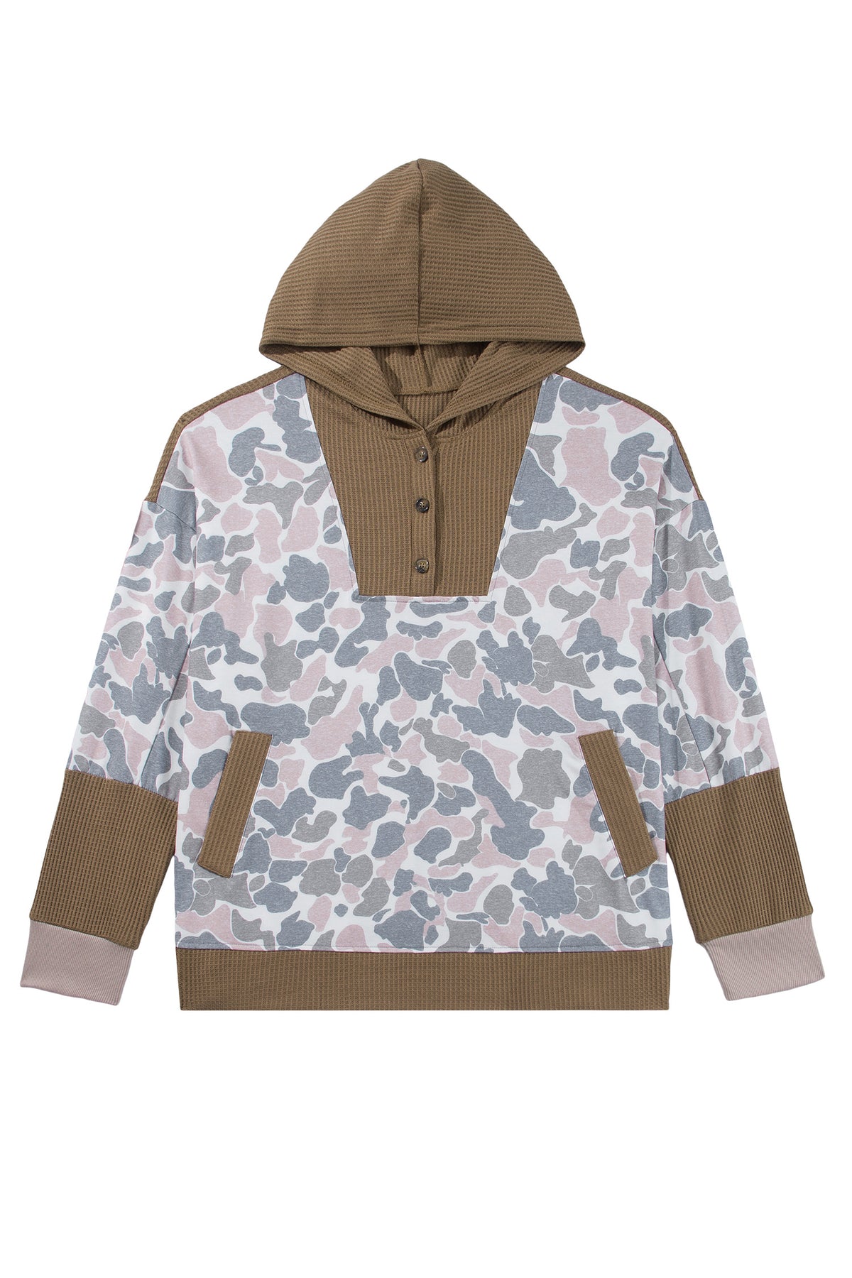 *Khaki Camouflage Print Waffle Knit Patchwork Half Zip Plus Size Hoodie