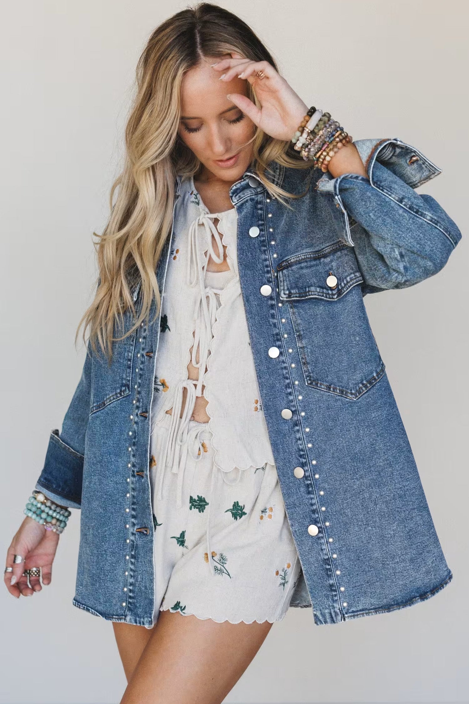 *Sail Blue Rivet Embellished Western Style Regular Fit Long Sleeve Denim Jacket