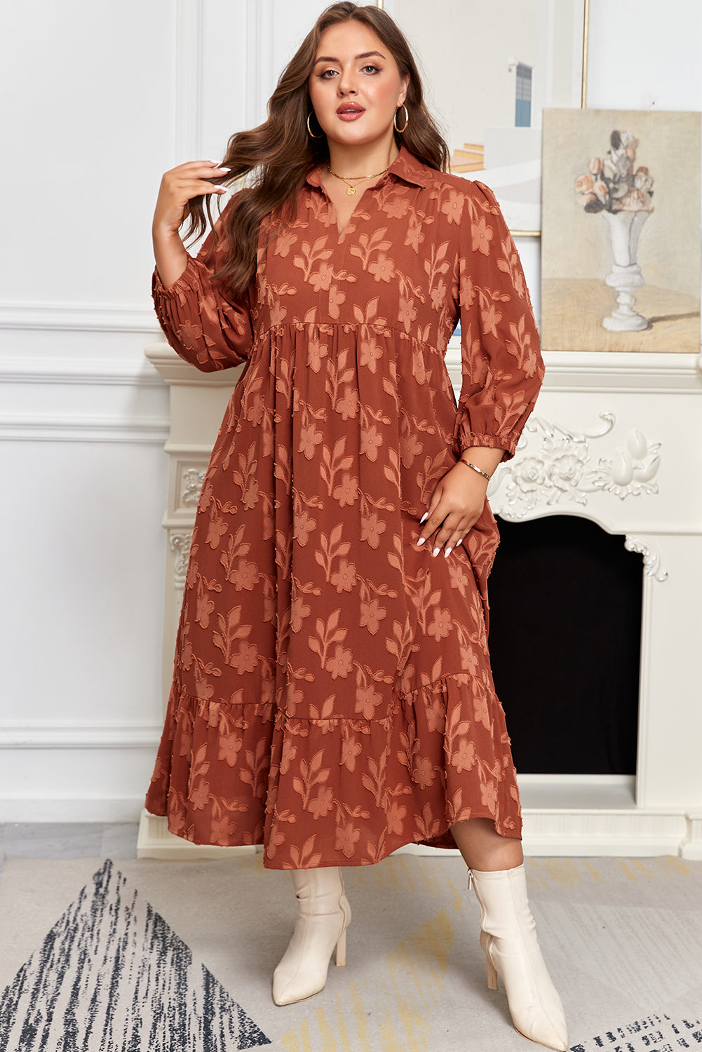 *Cinnamon Plus Size Textured 3D Flower Pattern Ruffle Hem 3/4 Sleeve Long Dress