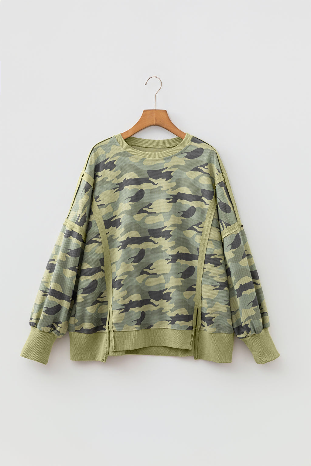 *Green Camouflage Waffle Knit Raw Edge Contrast Trim Oversized Long Sleeve Top