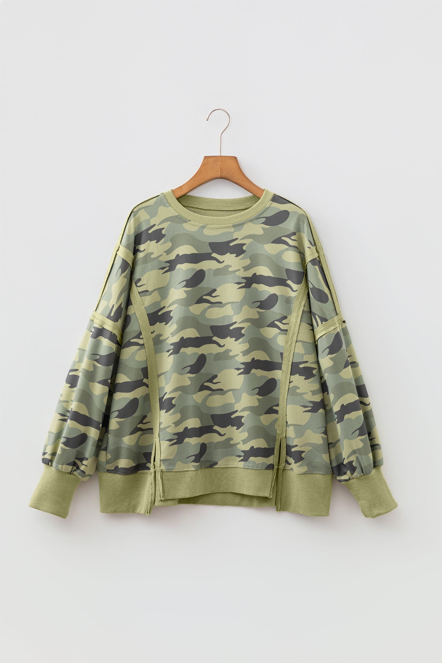 *Green Camouflage Waffle Knit Raw Edge Contrast Trim Oversized Long Sleeve Top