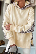 *Beige Plaid Patchwork Side Slit Sweatshirt