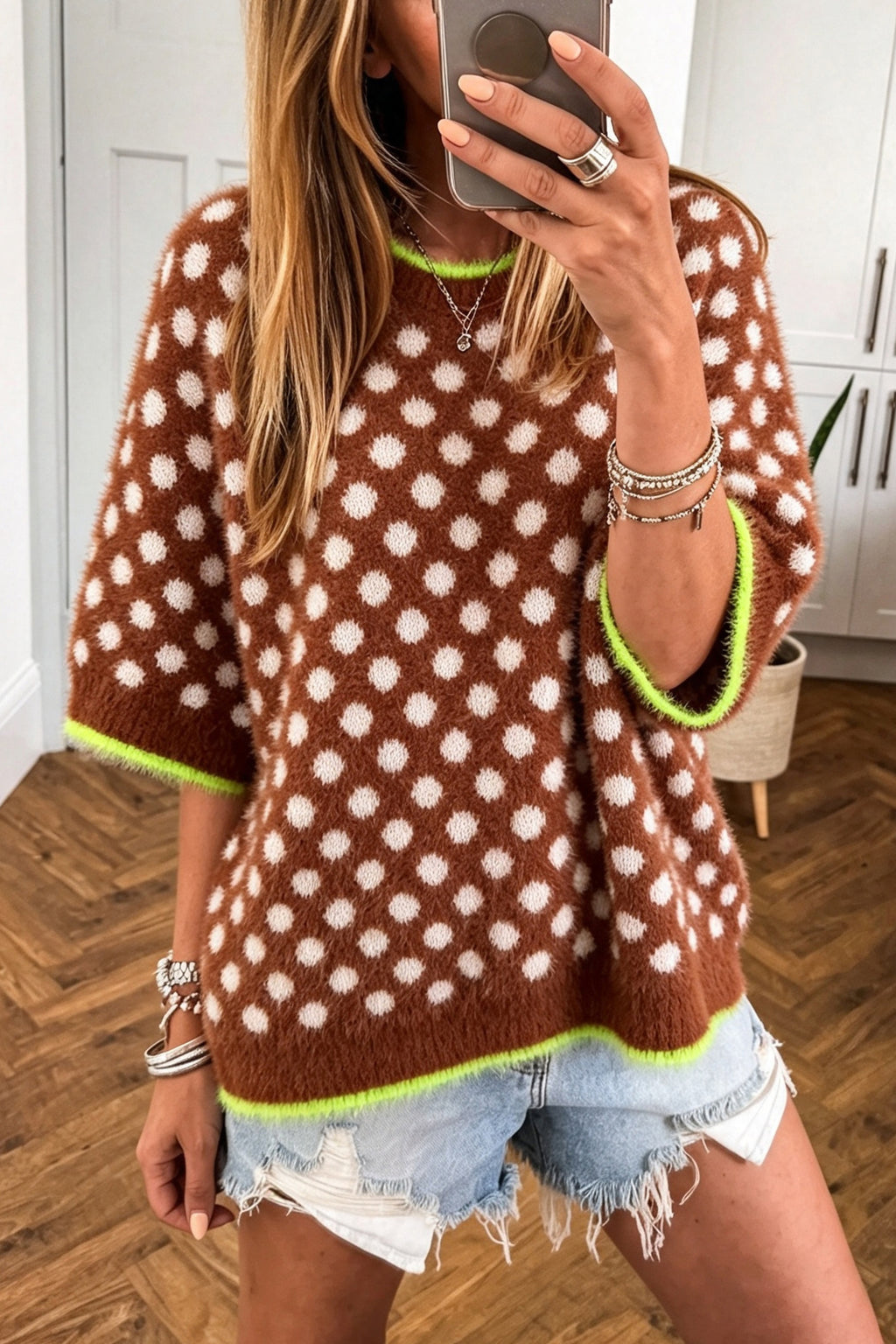 *Coffee Polka Dot Contrast Trim Round Neck Half Sleeve Sweater