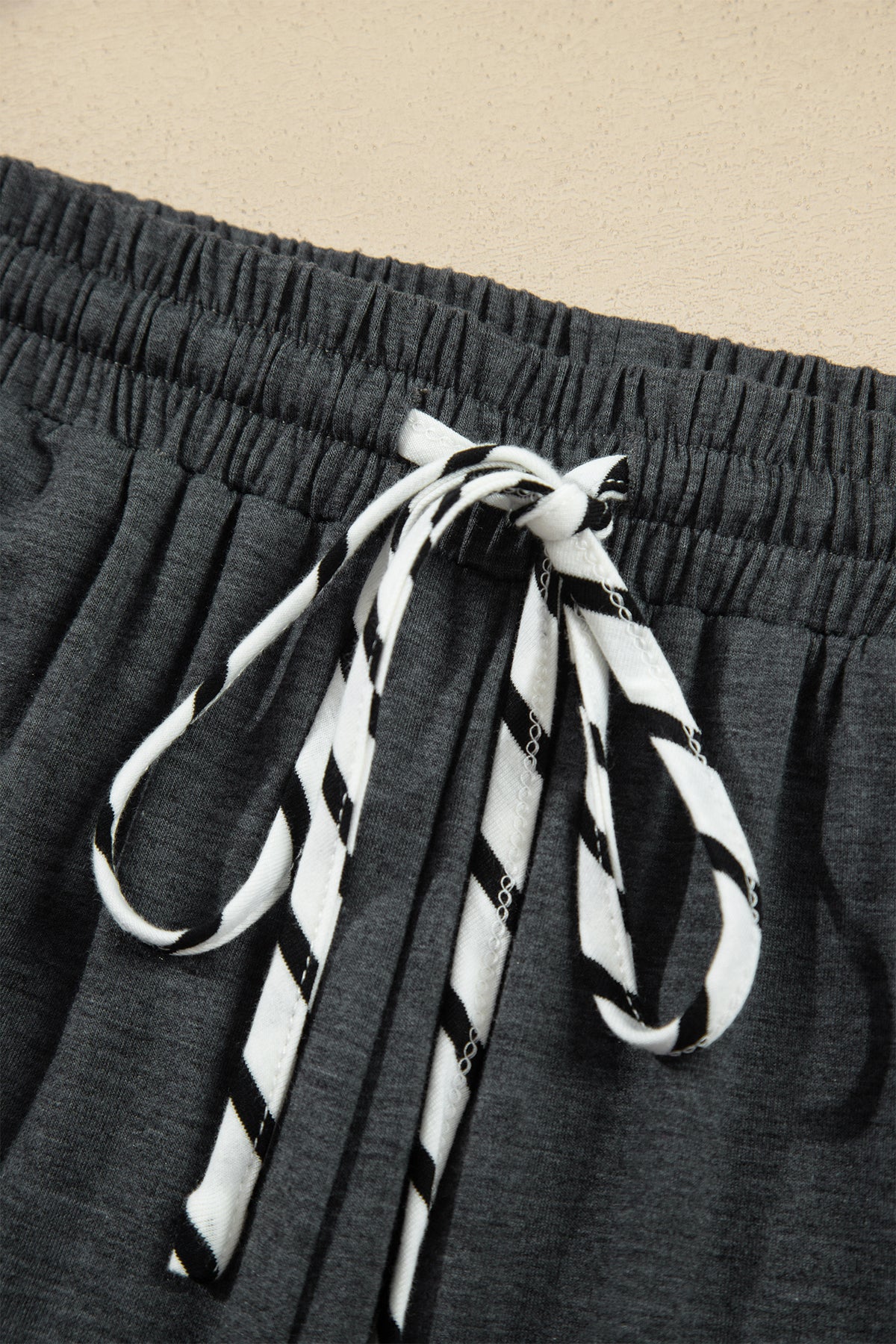 *2 colors Khaki/Gray Stripe V Neck Ruffle Contrast Sleeve Top Drawstring Pants 2pcs Set