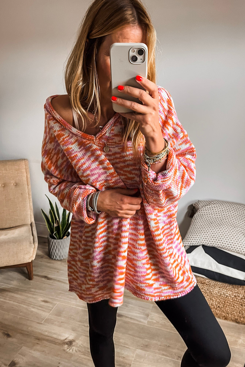 *Orange Vibrant Abstract Print Drop Shoulder V Neck Tunic Oversized Sweater