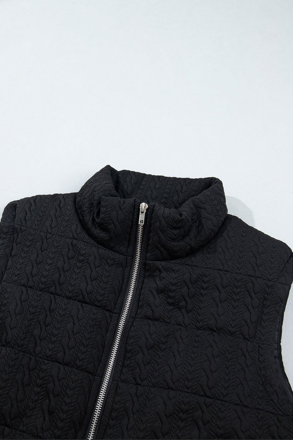 *Black Textured Quilted Stand Neck Zipper Winter Vest