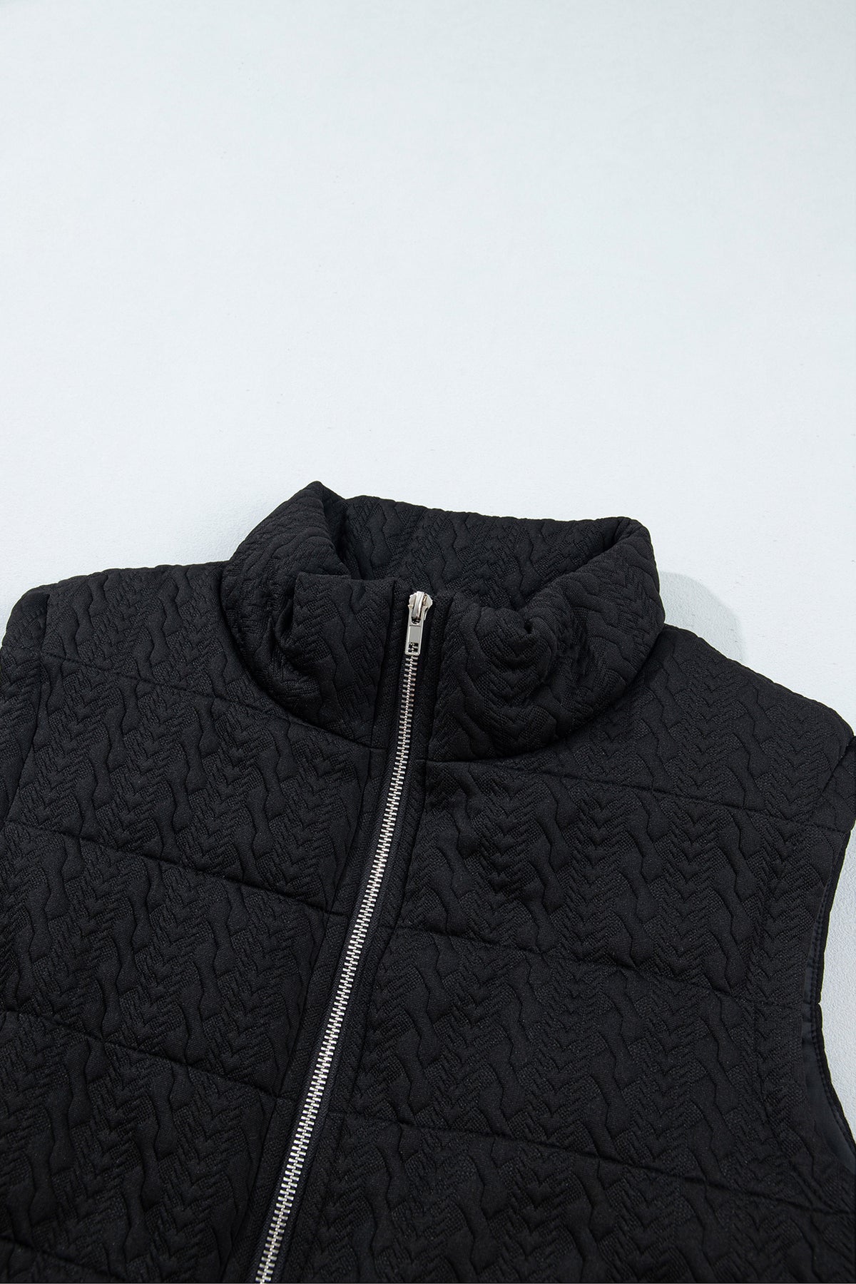 *Black Textured Quilted Stand Neck Zipper Winter Vest