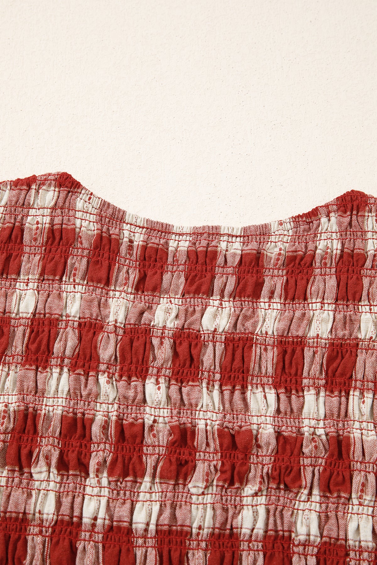 *Red Plaid Print Smocked Puff Sleeve Mini Dress