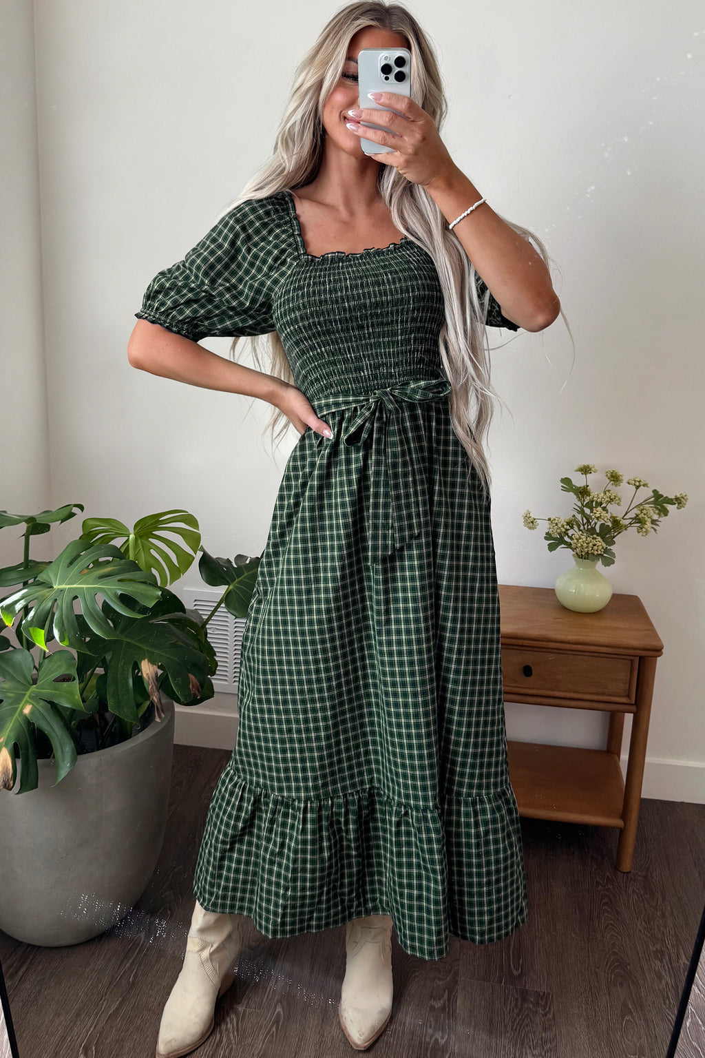 *Green Plaid Square Neck Shirred High Waist Ruffle Hem Dress