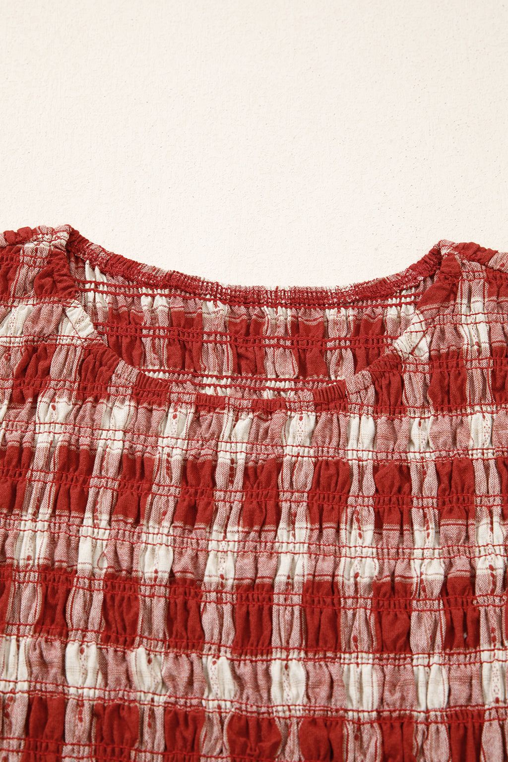 *Red Plaid Print Smocked Puff Sleeve Mini Dress