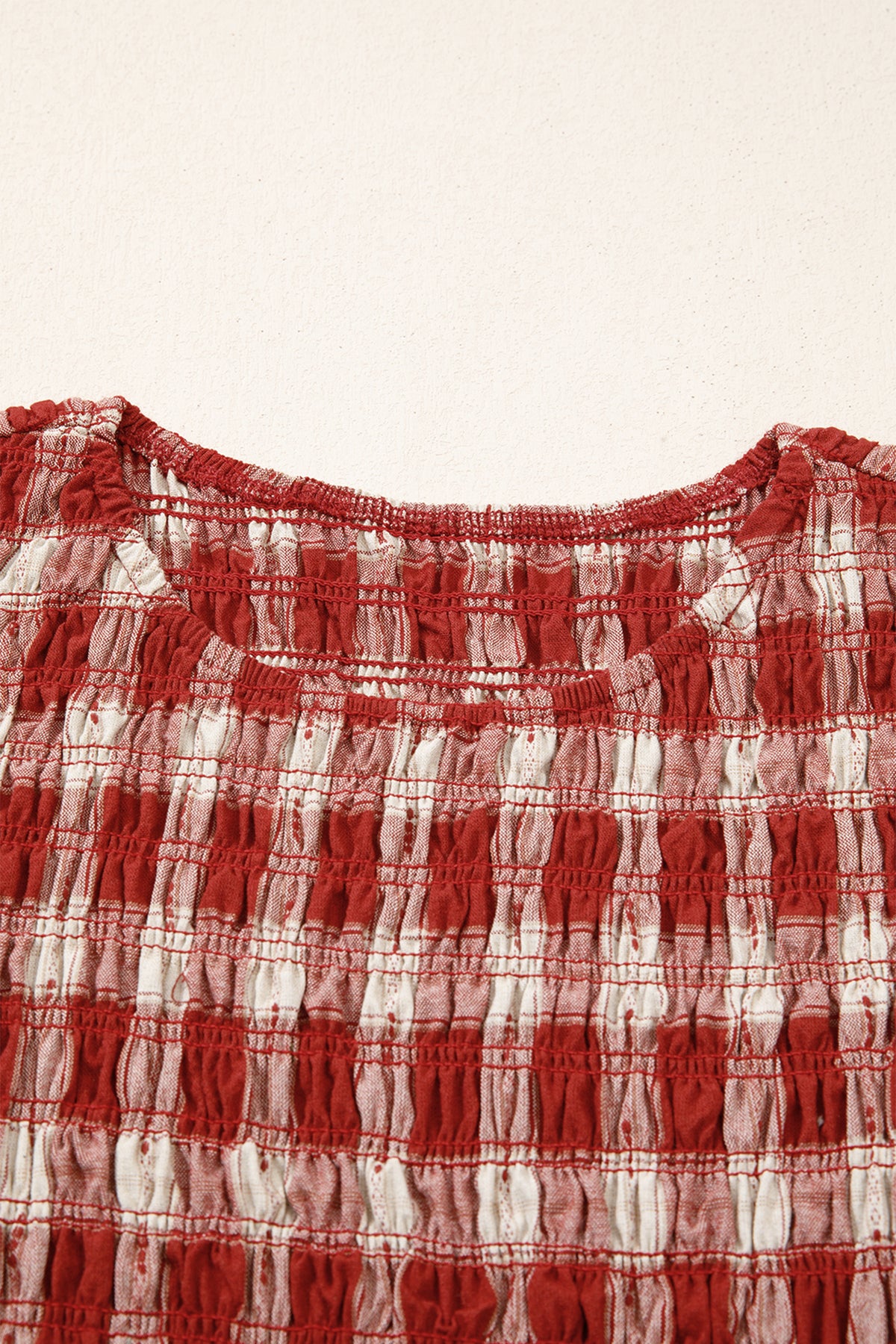 *Red Plaid Print Smocked Puff Sleeve Mini Dress