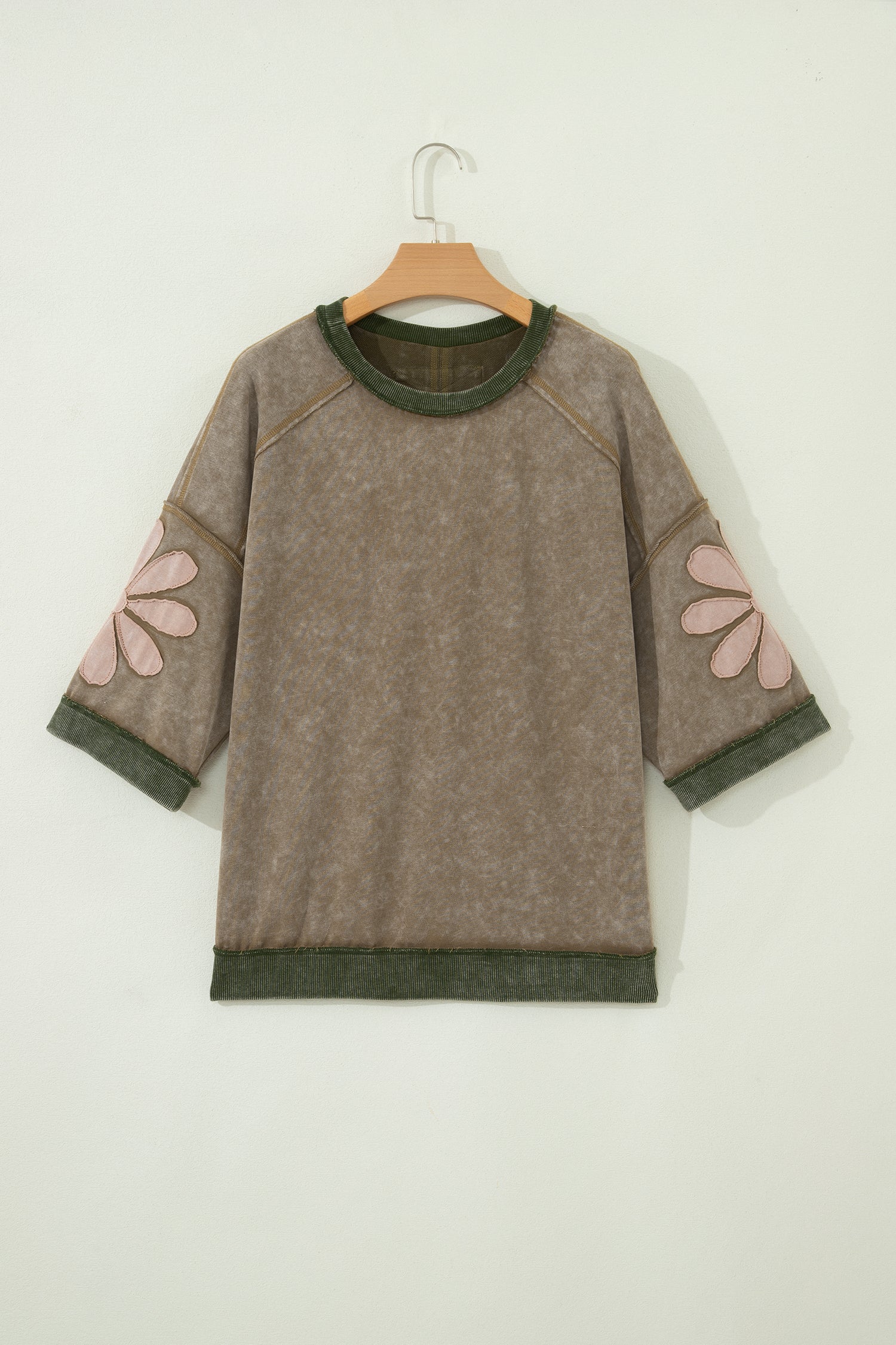 *Breen Mineral Wash Raw Seam Patchwork Flower Patched 3/4 Sleeve Oversize Top