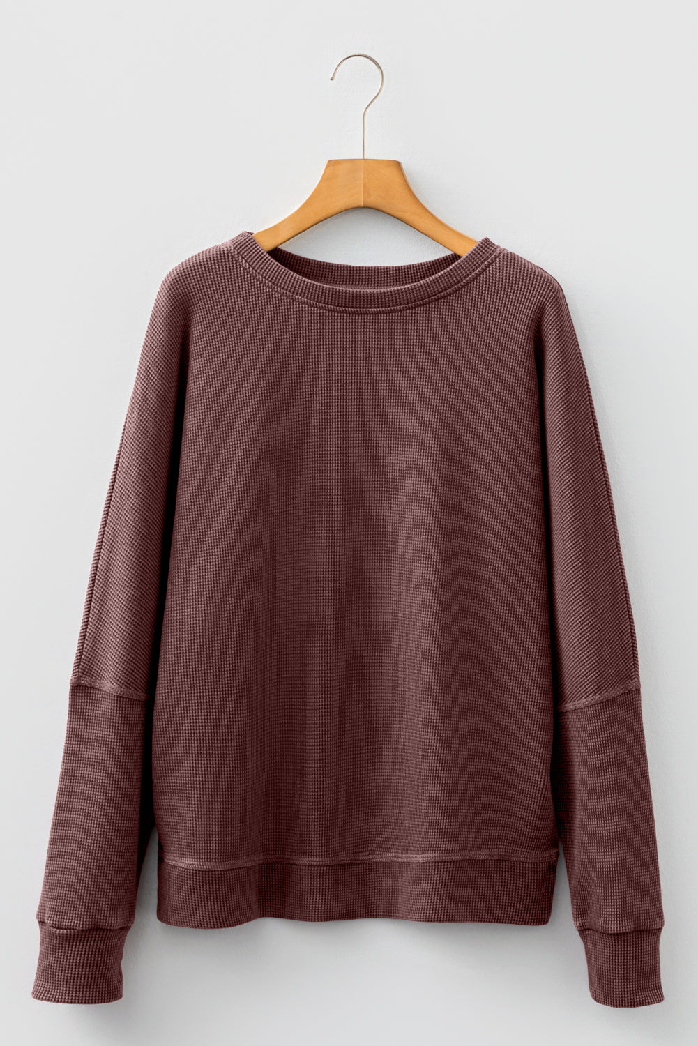 *Dark Brown Waffle Knit Patchwork Long Sleeve Loose Top