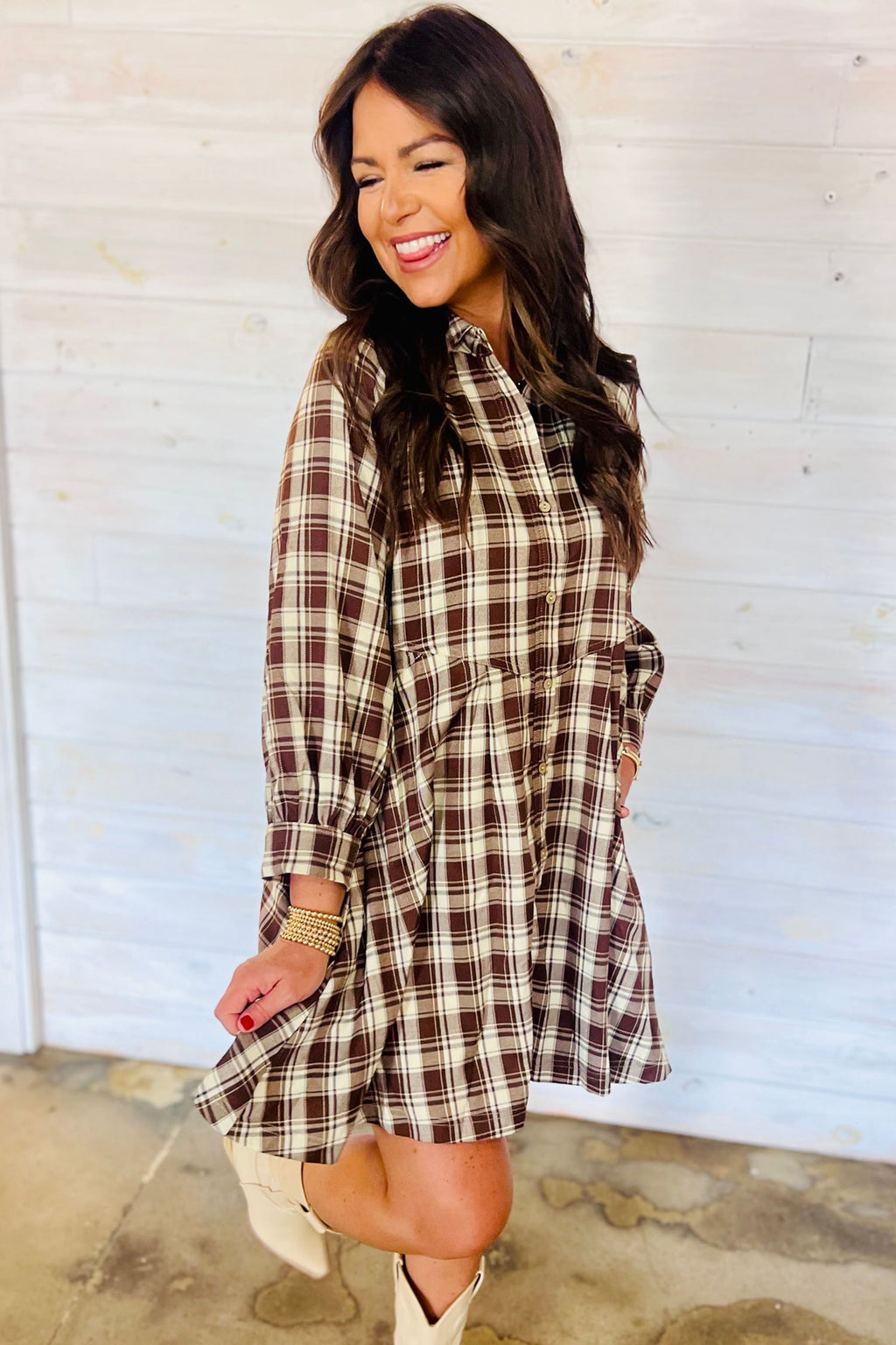 *Brown Plaid Long Sleeve Short Shift Mini Dress