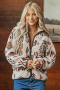 *Beige Geometric Print Long Sleeve Shirt Collar Zip-up Placket Binding Tape Jacket