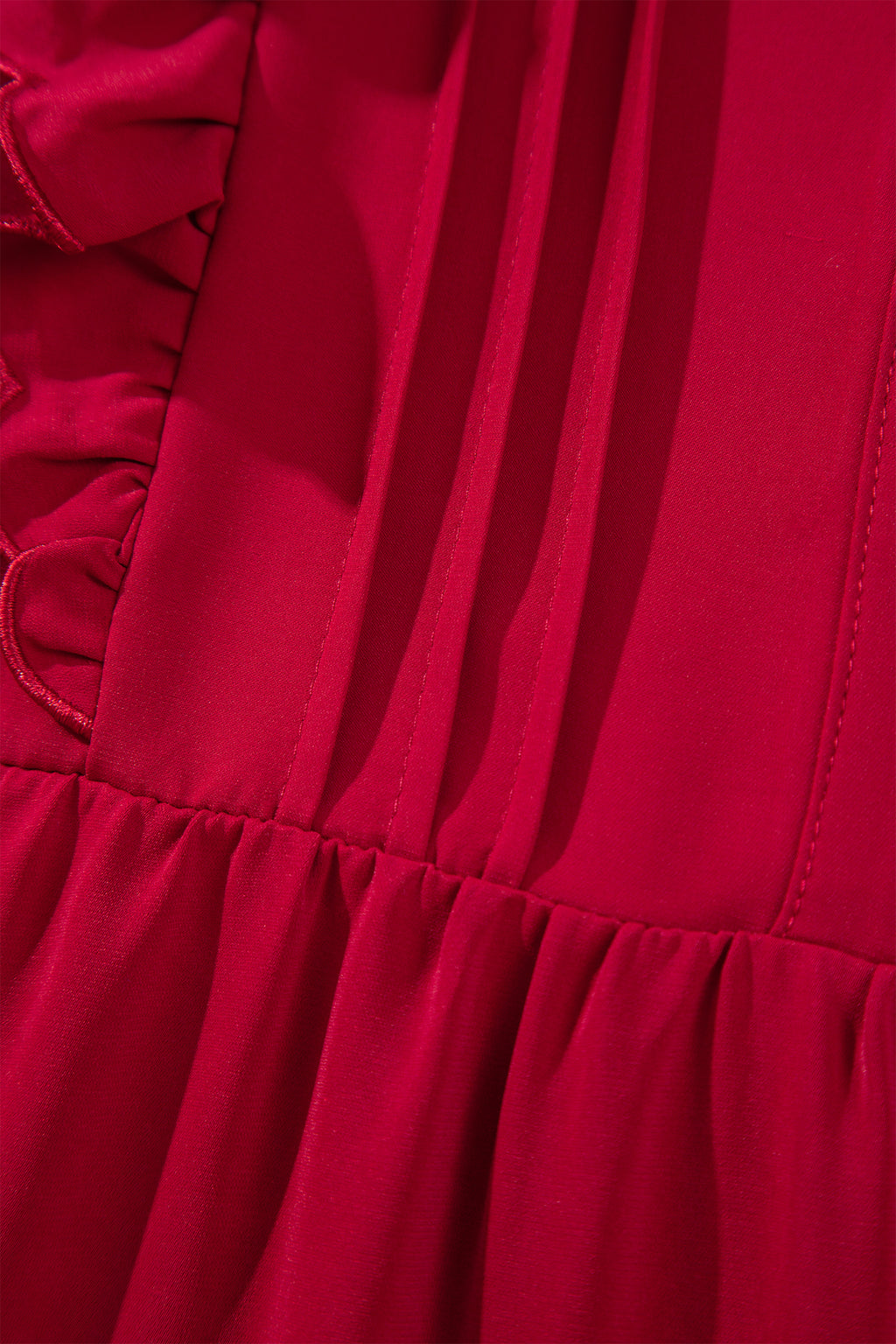 *Racing Red Solid Color Ruffle Trim Long Sleeve Tiered Shift Midi Dress