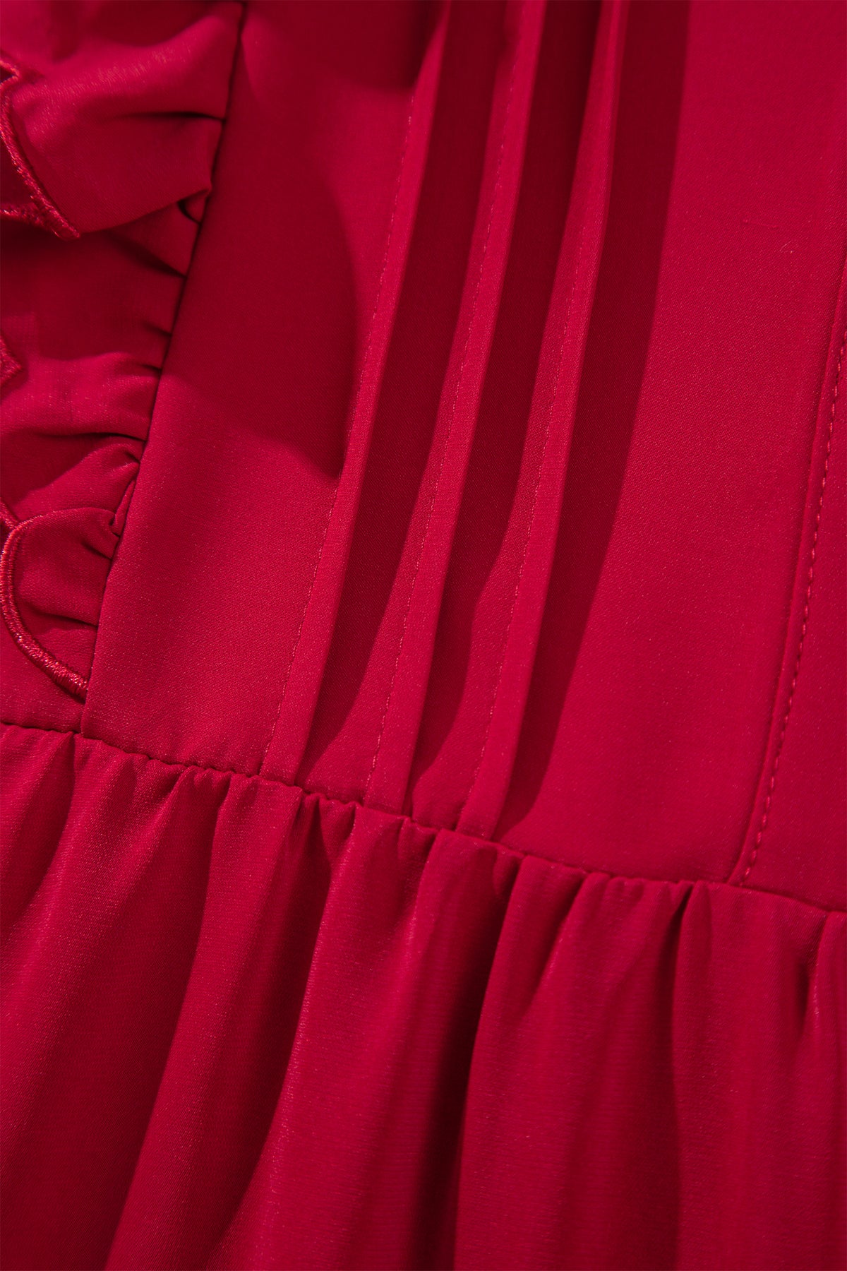 *Racing Red Solid Color Ruffle Trim Long Sleeve Tiered Shift Midi Dress