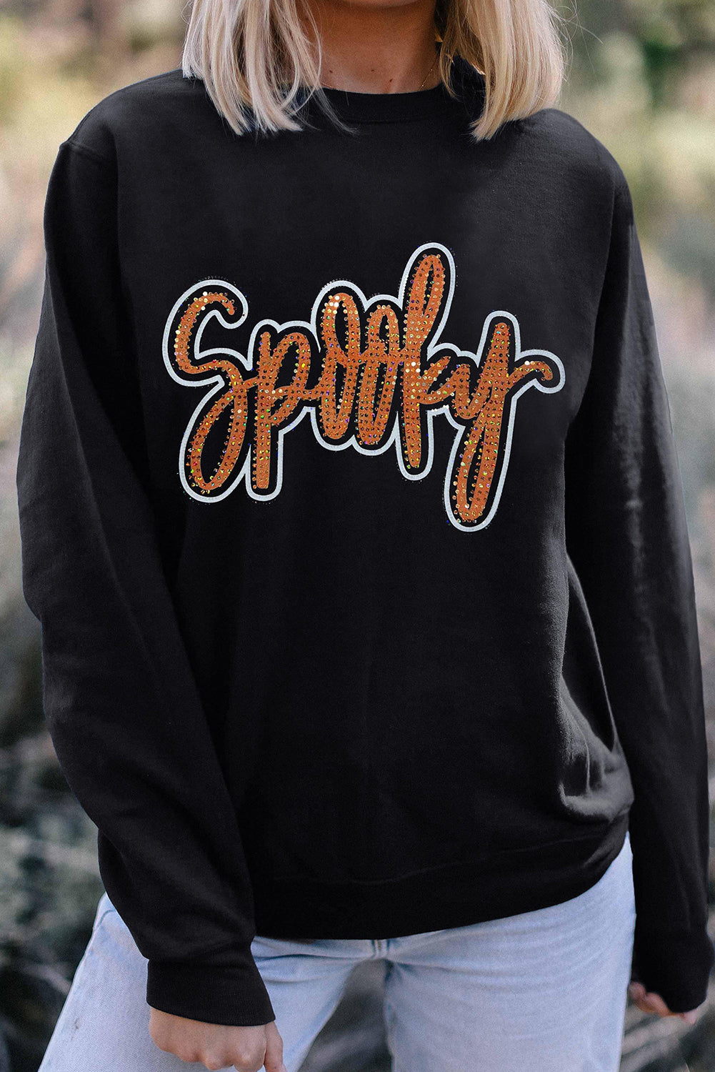 *Black Spooky Rhinestone Drop Shoulder Graphic Sweatshirt