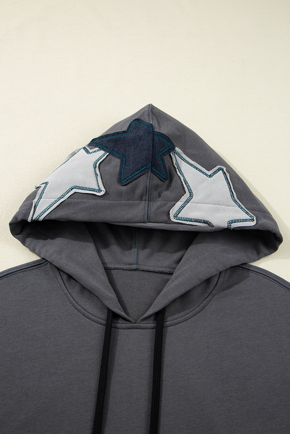 *Carbon Grey Star Patchwork Contrast Stitching Mineral Wash Kangaroo Pocket Vintage Hoodie
