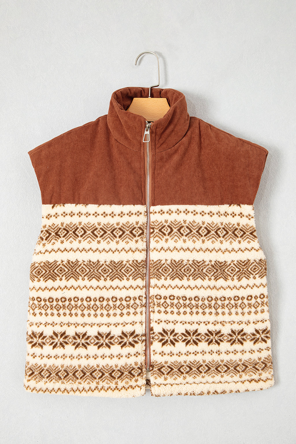 *Brown Geometric Print Fleece Metal Zipper Collar Patchwork Design Vest