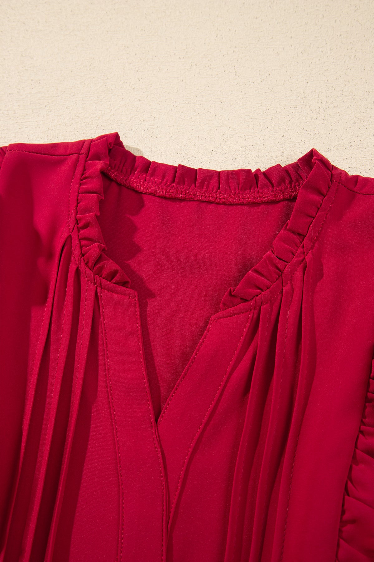 *Racing Red Solid Color Ruffle Trim Long Sleeve Tiered Shift Midi Dress