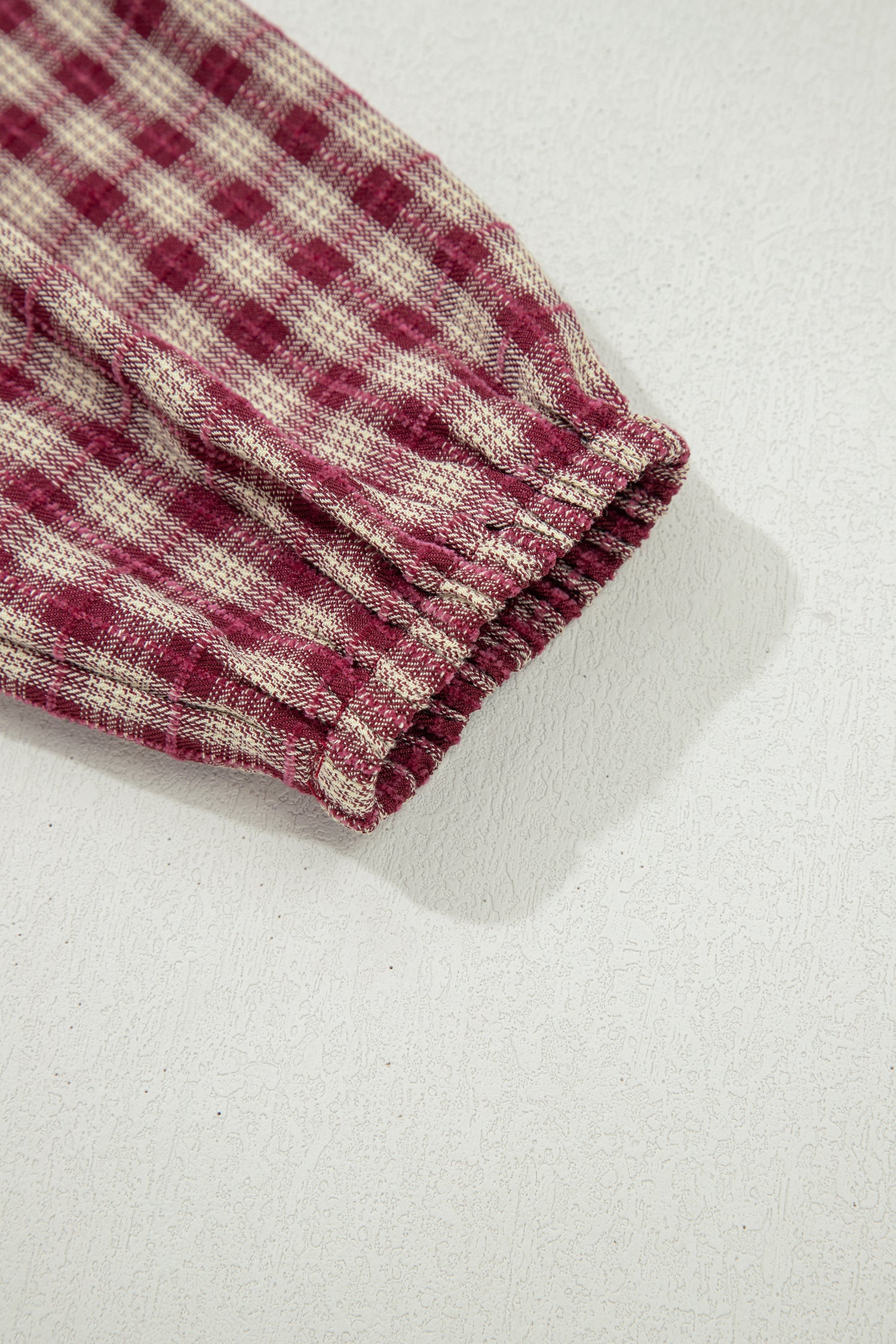 *Coral Country Plaid Long Sleeve Button Keyhole Pleated Loose Blouse