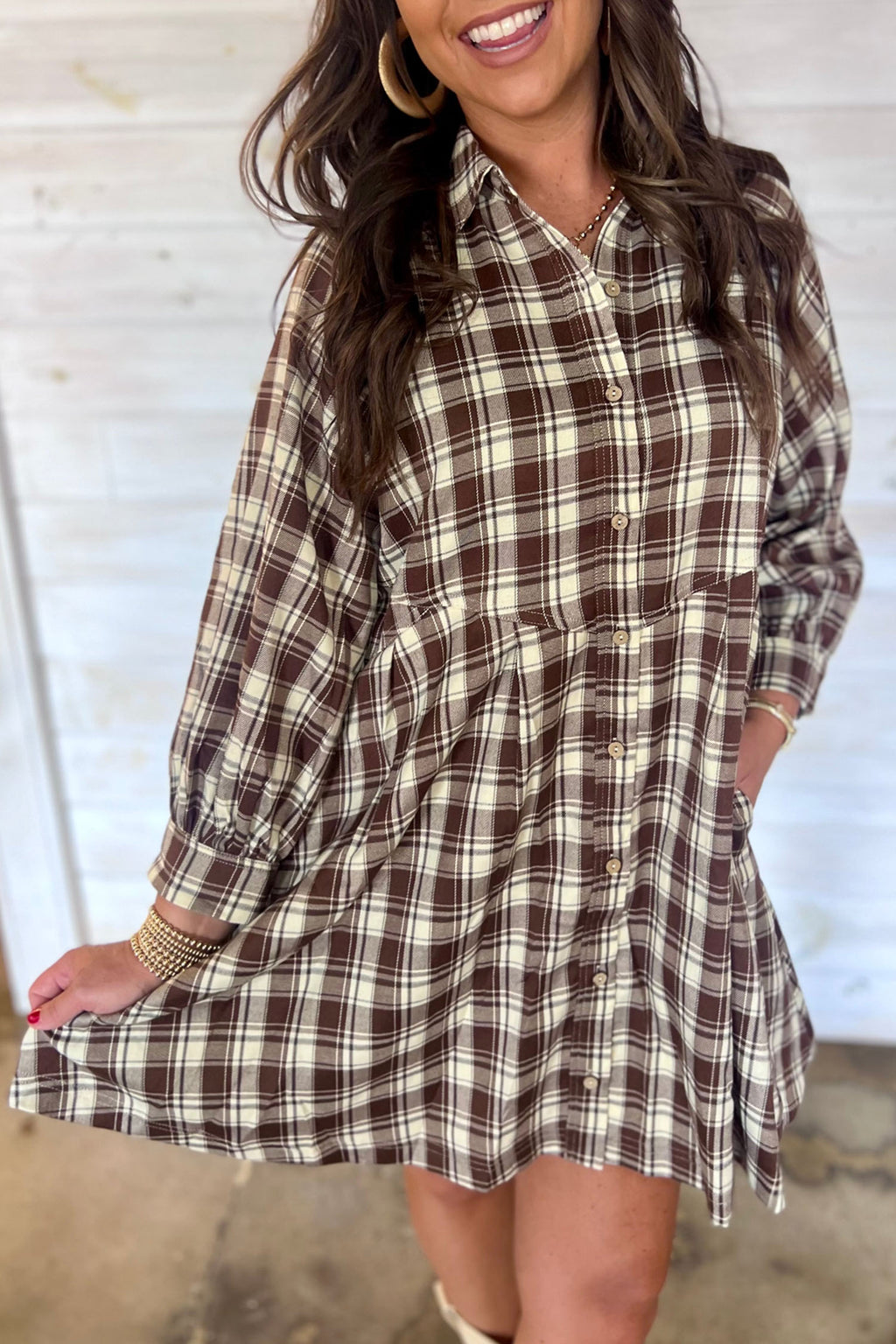 *Brown Plaid Long Sleeve Short Shift Mini Dress